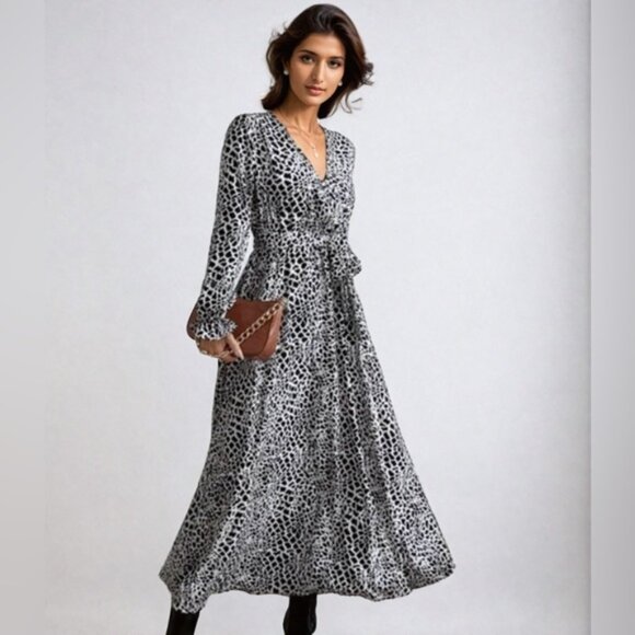 Black And White Animal Print Flounce Sleeve Belted Dress - Picture 1 of 7